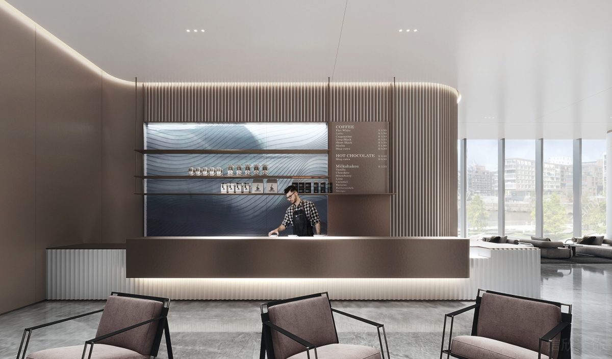 咖啡廳設(shè)計(jì)金屬直線式設(shè)計(jì)燈飾效果商務(wù)風(fēng)辦公室裝修玻璃隔斷