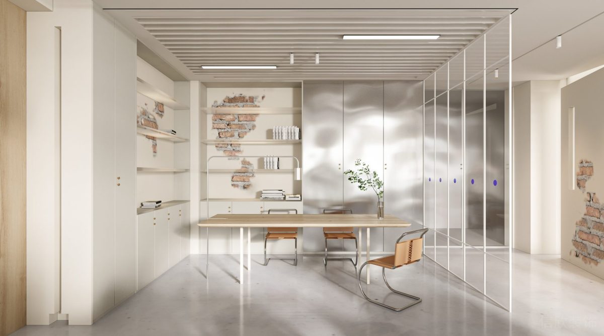 鋁合金置物柜設(shè)計(jì)原木極簡風(fēng)桌椅裝修辦公室員工休息區(qū)效果圖