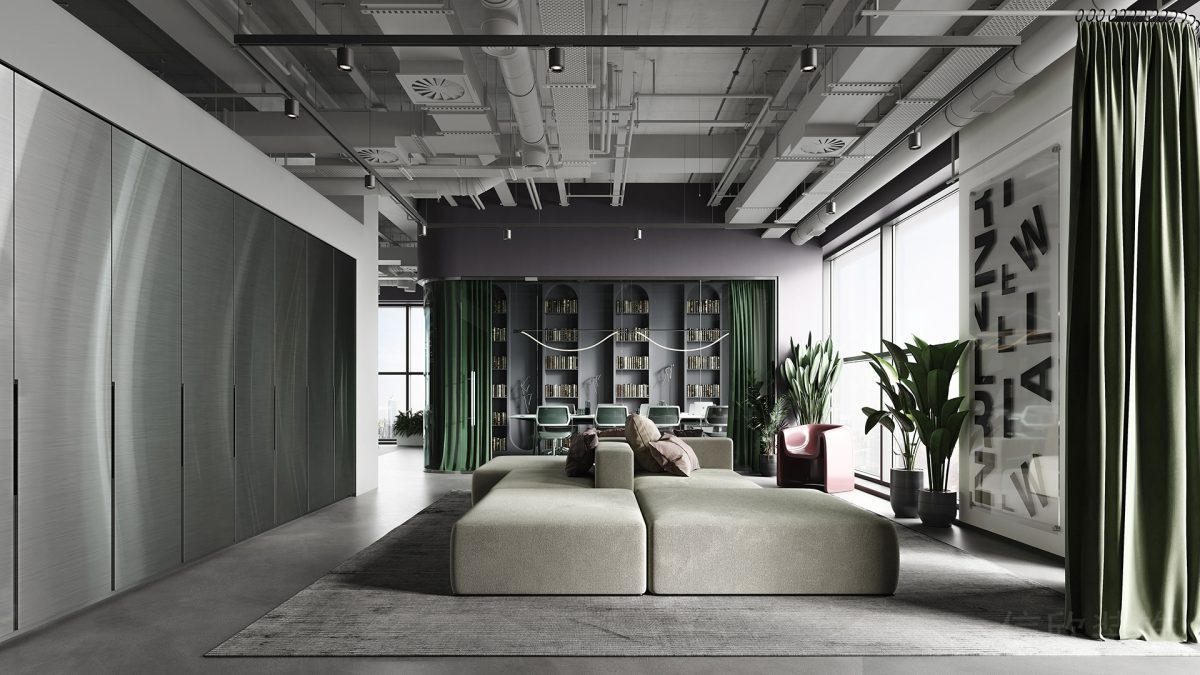 綠色沙發(fā)效果圖裝修工業(yè)風(fēng)天花復(fù)古休息區(qū)辦公室裝修圖