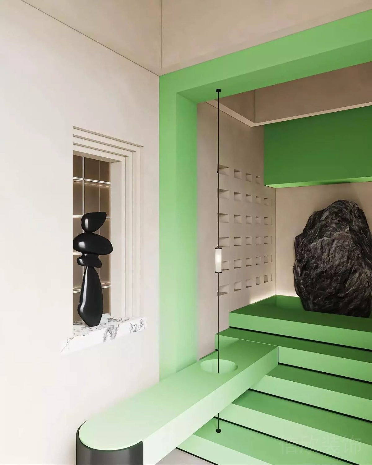 綠色設(shè)計(jì)辦公室裝修藝術(shù)感石膏線設(shè)計(jì)窗戶鏤空墻體階梯式過(guò)道休息區(qū)裝修