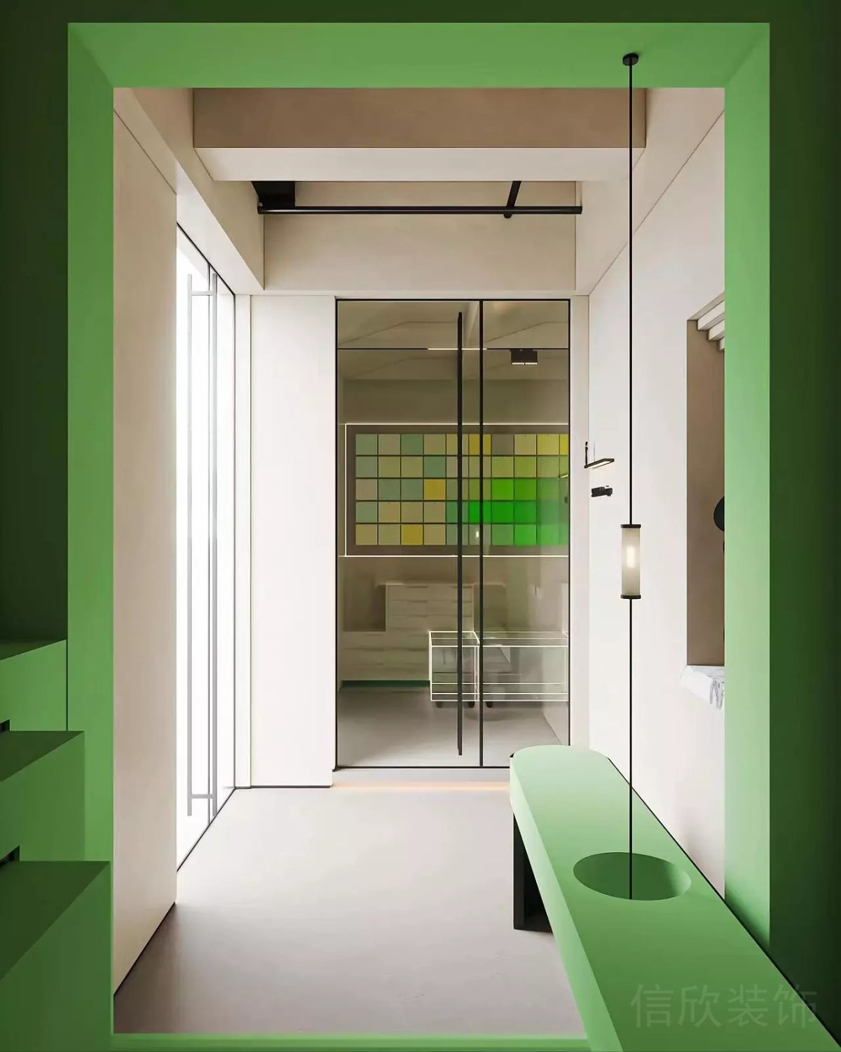 綠色設(shè)計(jì)裝修過(guò)道天花鋼管燈飾設(shè)計(jì)座椅鏤空走廊休息區(qū)辦公室裝修圖