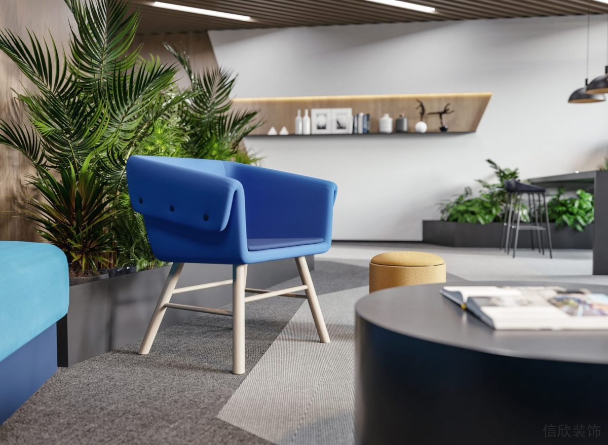 藍(lán)色設(shè)計(jì)座椅效果裝修綠化地毯辦公室茶幾效果內(nèi)嵌式木質(zhì)墻體辦公室