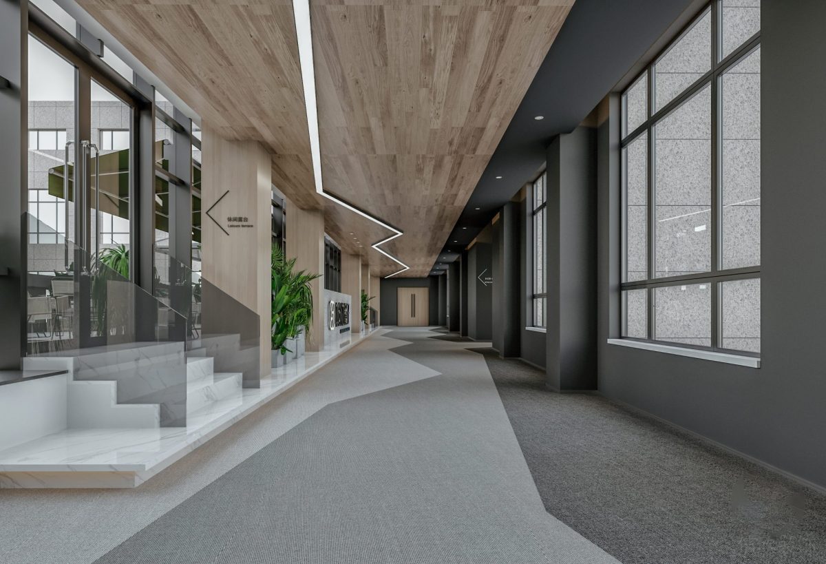 木飾面楓木天花設(shè)計(jì)灰色墻體涂料效果裝修過道辦公室走廊瓷磚設(shè)計(jì)