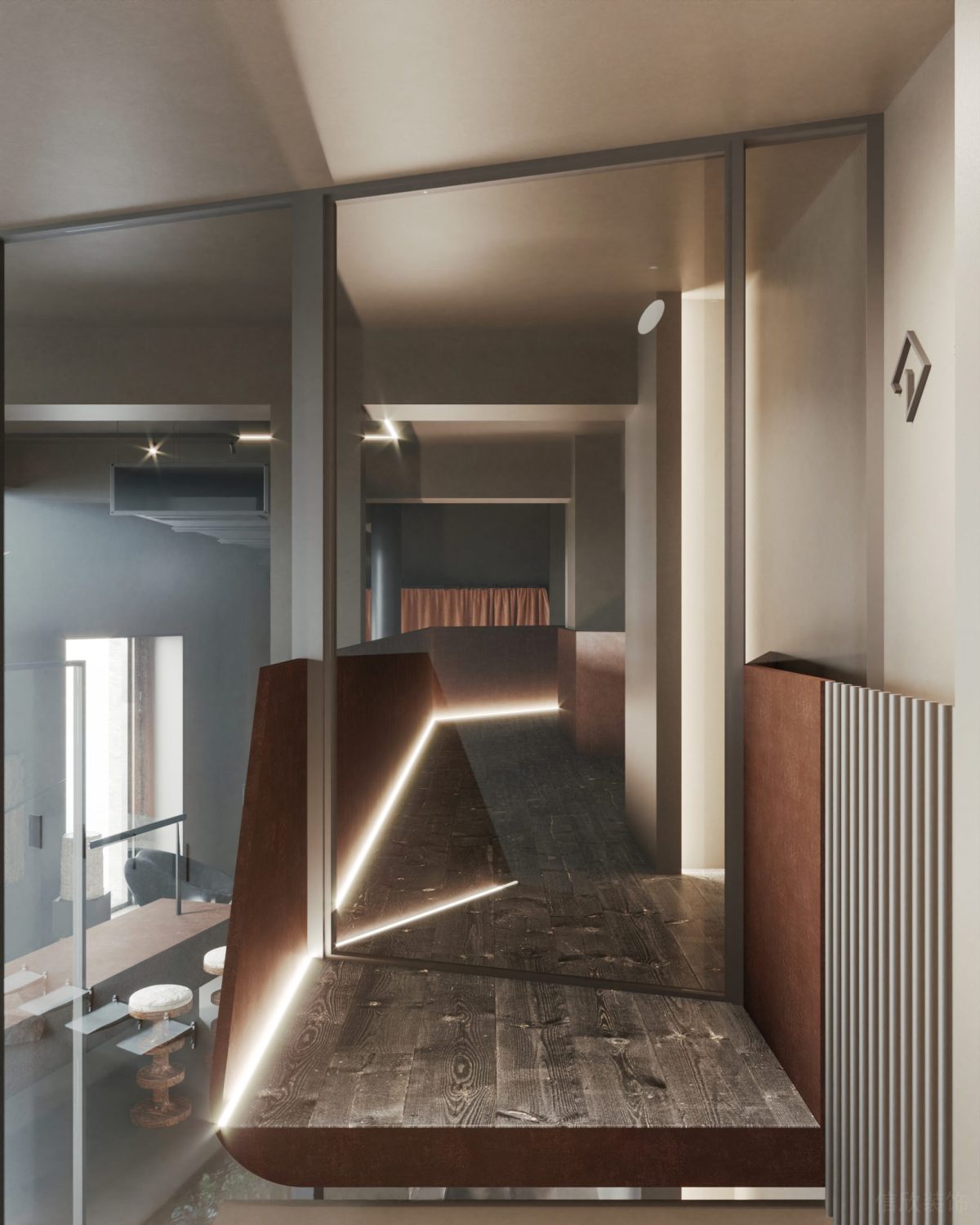 木飾面裝修直線式內(nèi)嵌燈帶效果金屬過道墻柱設(shè)計(jì)裝修鏤空墻體效果