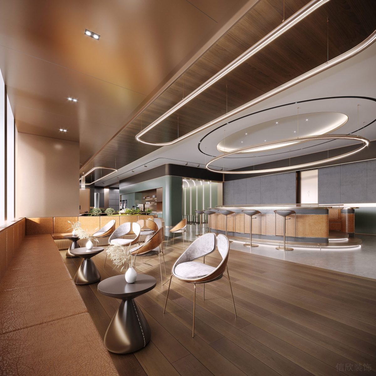 木質天花設計燈帶效果榻榻米休息區(qū)辦公室裝修圖