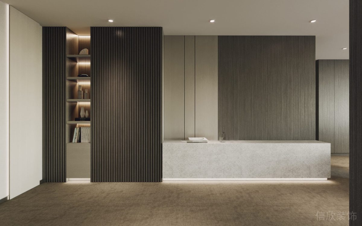 內嵌式燈帶收納書柜效果腳燈直線式大理石長桌前臺區裝修圖