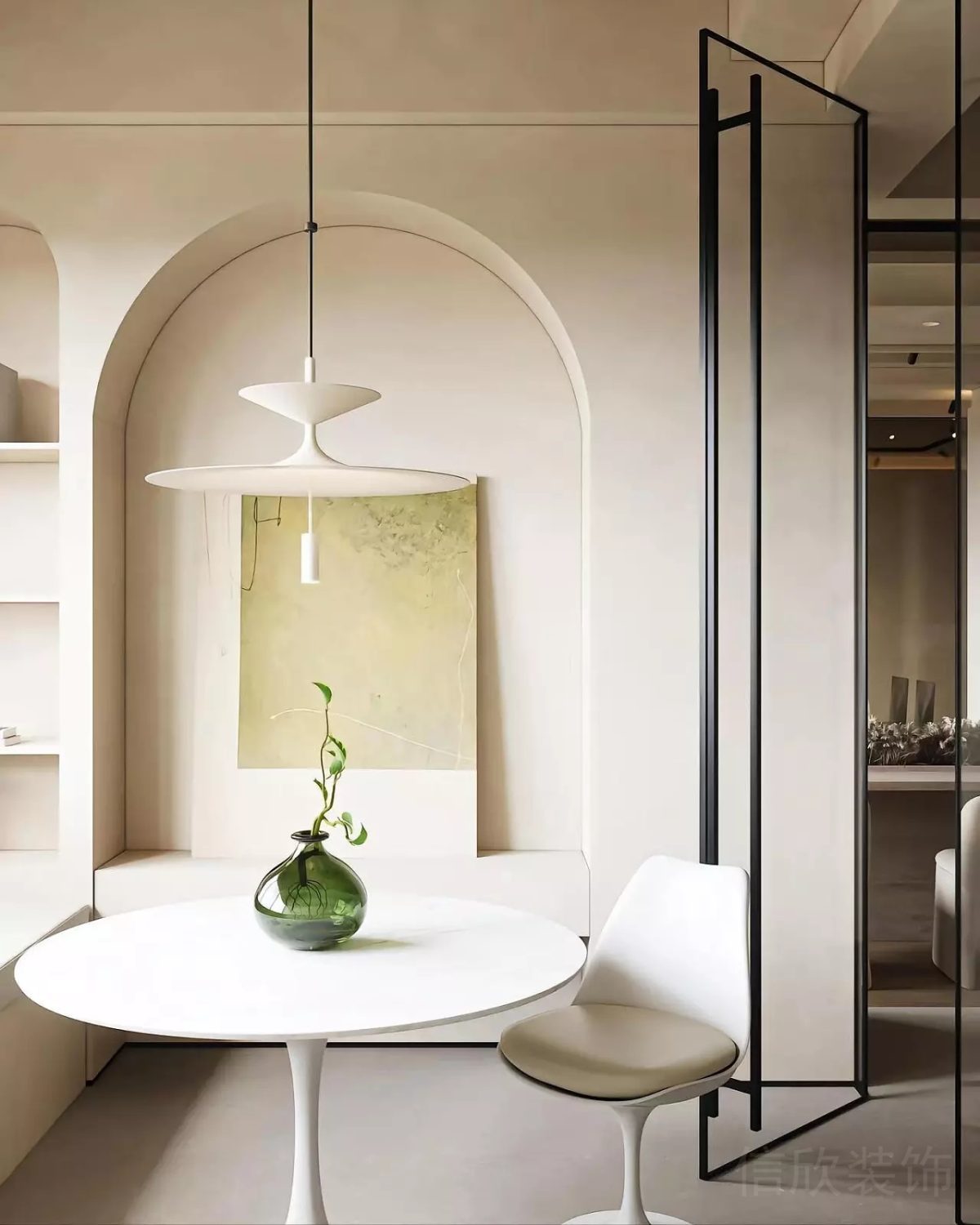 內(nèi)嵌式拱形墻體設(shè)計(jì)效果休息區(qū)辦公室裝修效果白色簡(jiǎn)約風(fēng)設(shè)計(jì)圖