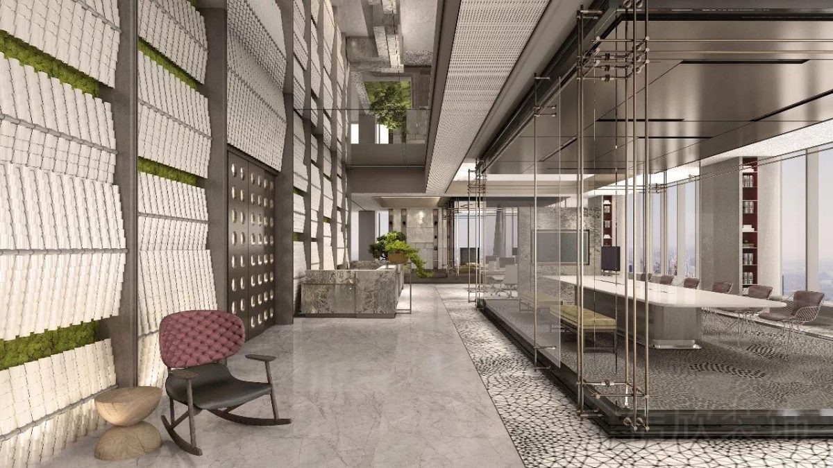 輕奢風(fēng)辦公室裝修過道瓷磚墻體設(shè)計效果金色扶手設(shè)計