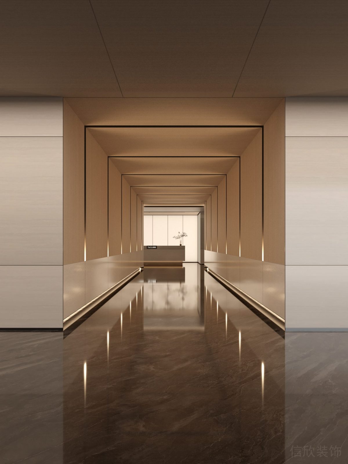 輕奢風(fēng)過道效果辦公室裝修玫瑰金設(shè)計(jì)走廊辦公室