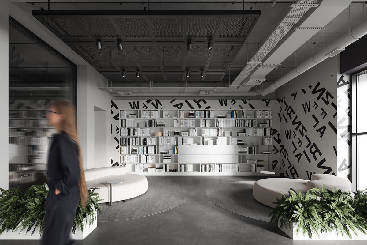 墻體涂鴉區(qū)儲物柜設(shè)計效果白色辦公室裝修大廳設(shè)計工作室