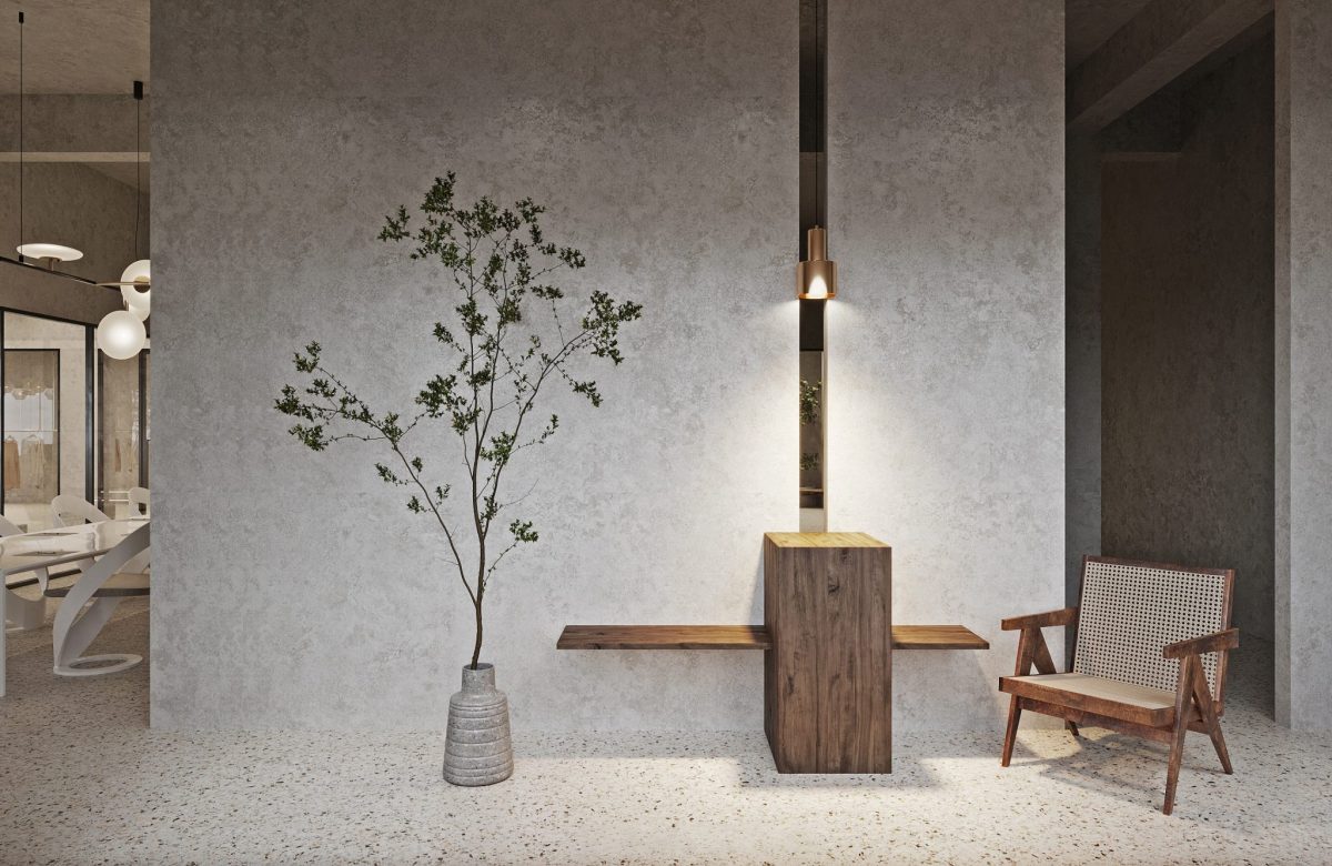 日式過(guò)道休息區(qū)木質(zhì)茶幾設(shè)計(jì)墻體鏤空裝修辦公室