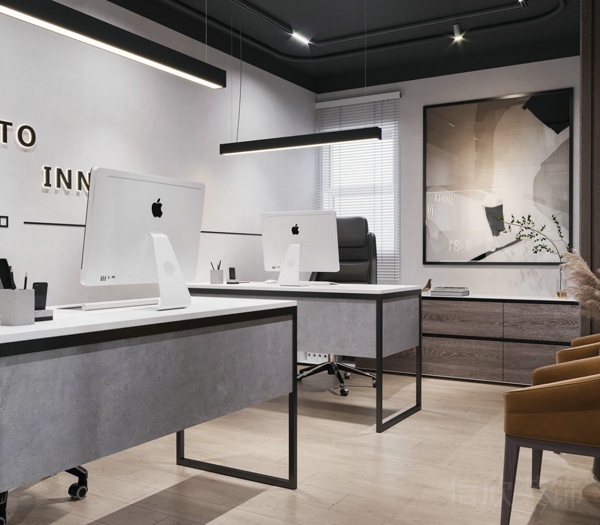 實木設(shè)計半墻效果員工工位裝修環(huán)形天花黑色效果圖辦公室