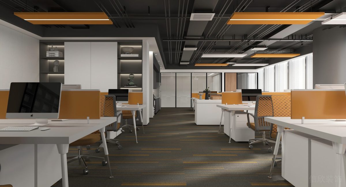 現(xiàn)代工業(yè)風(fēng)辦公室裝修橙色設(shè)計(jì)工位裝修地毯設(shè)計(jì)墻體隔斷效果圖