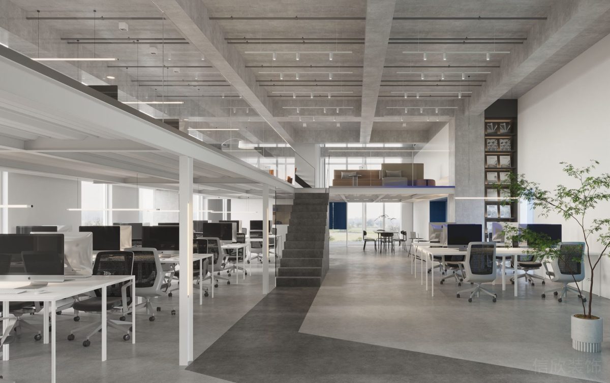 現代簡約風白色效果階梯多人研發(fā)工位裝修設計射燈效果圖