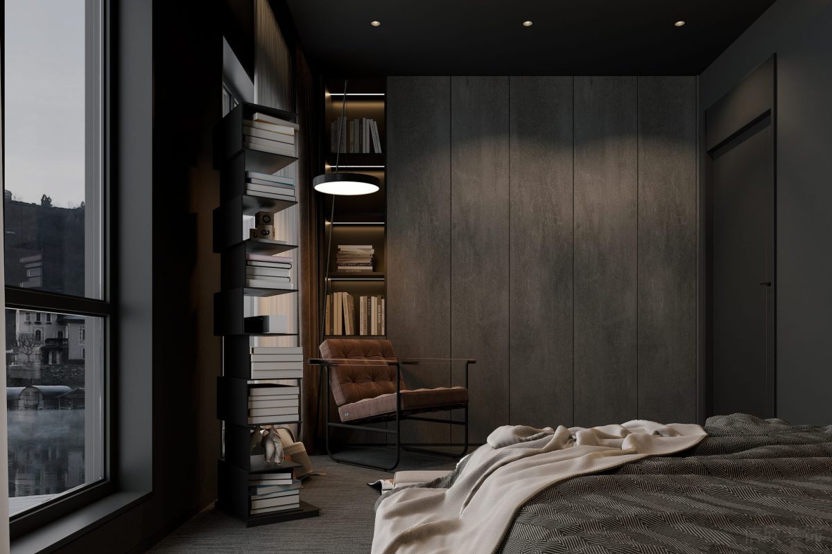 現(xiàn)代簡約風(fēng)商務(wù)臥室設(shè)計(jì)效果書柜設(shè)計(jì)辦公室裝修玻璃隔斷