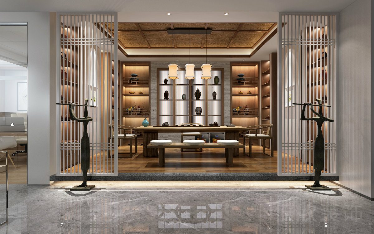 意大利灰色瓷磚效果鏤空白色過道效果圖木質(zhì)洽談室設(shè)計(jì)圖