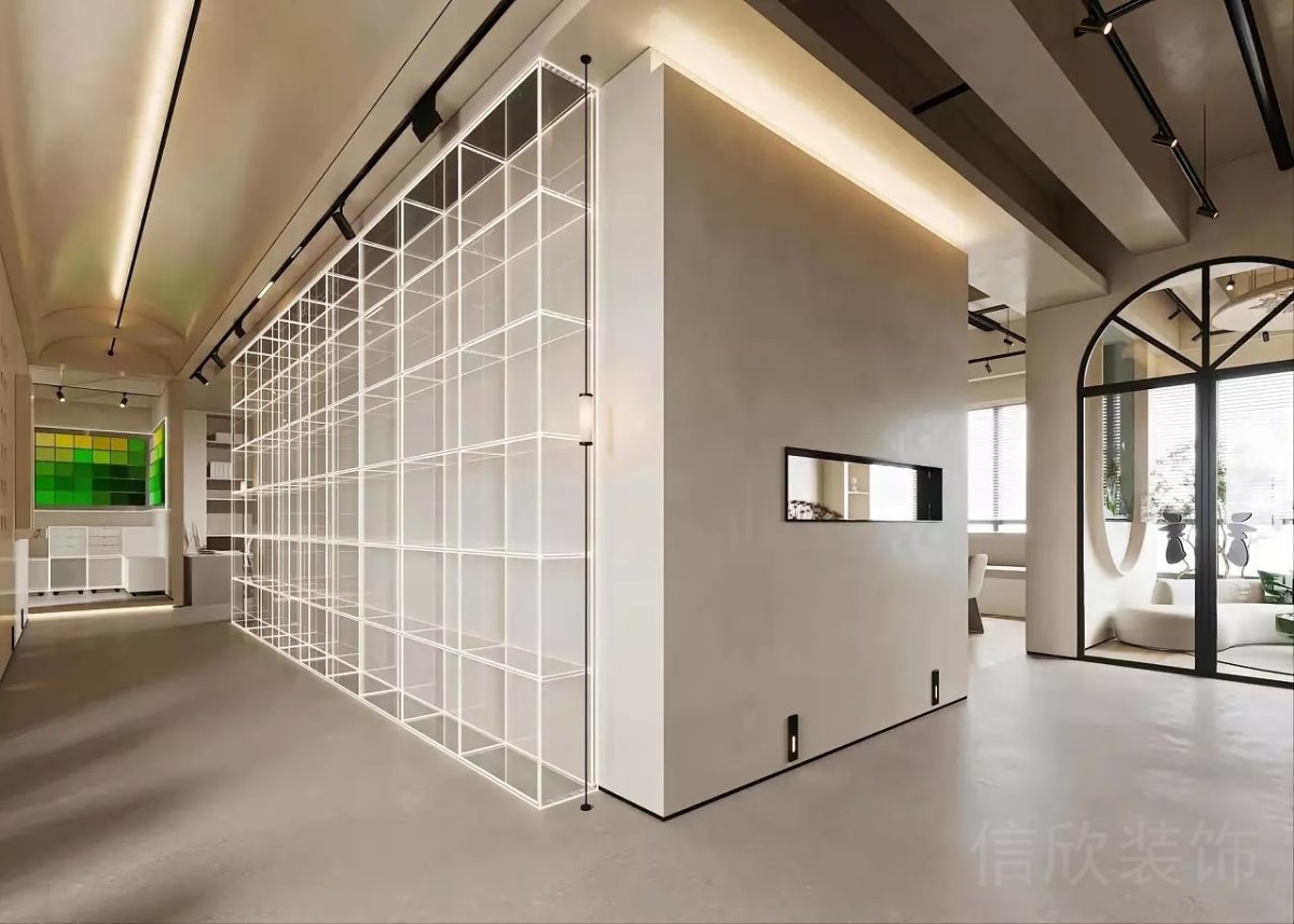 亞克力透色設(shè)計(jì)格子柜效果多功能墻柜白色過(guò)道辦公室裝修