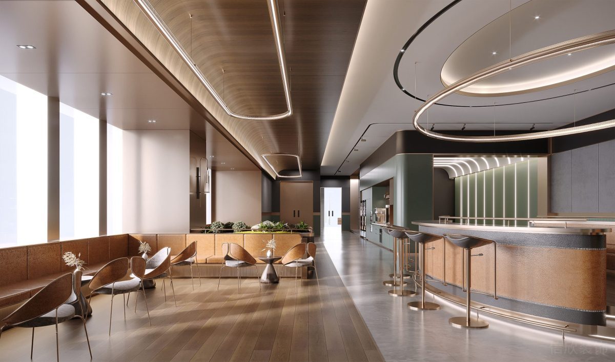 原木風辦公室裝修員工休息區(qū)高腳椅金屬效果弧線半墻裝飾圖