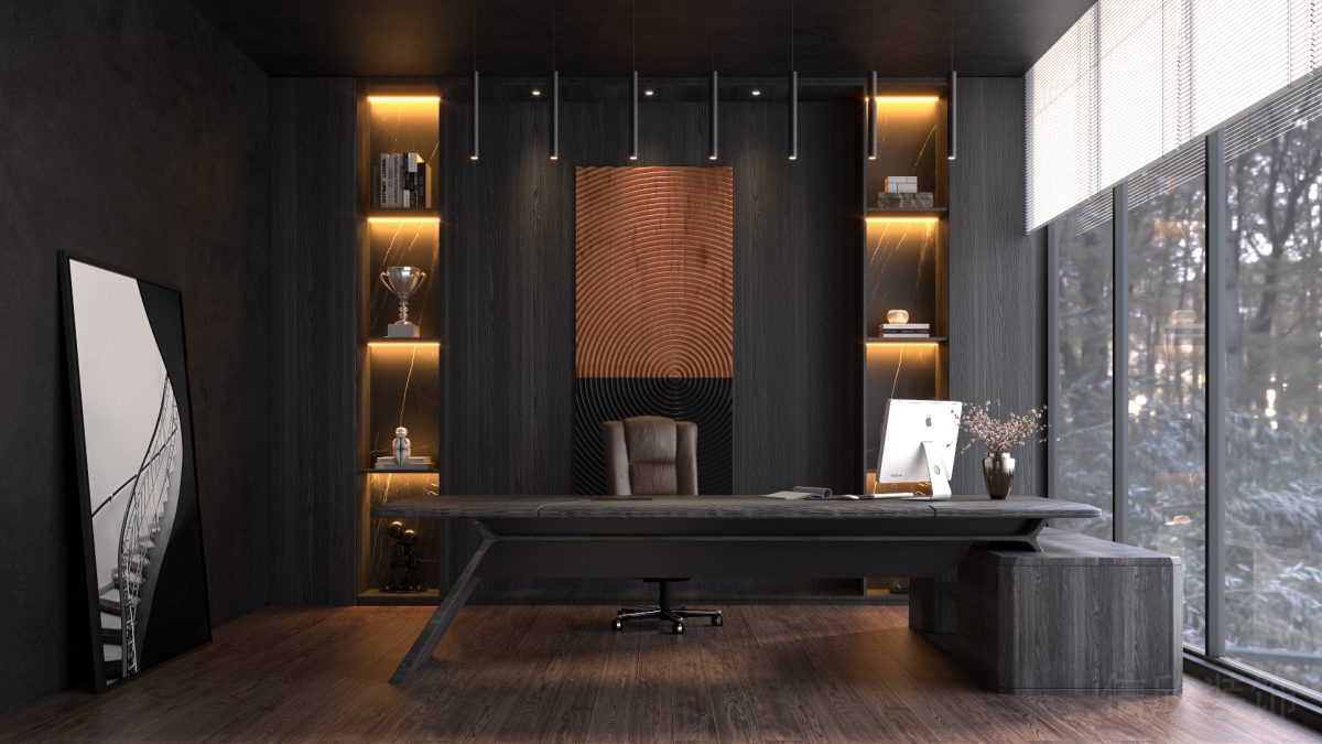 總裁辦公室設(shè)計(jì)效果內(nèi)嵌式墻體儲物柜燈飾玻璃隔斷裝修