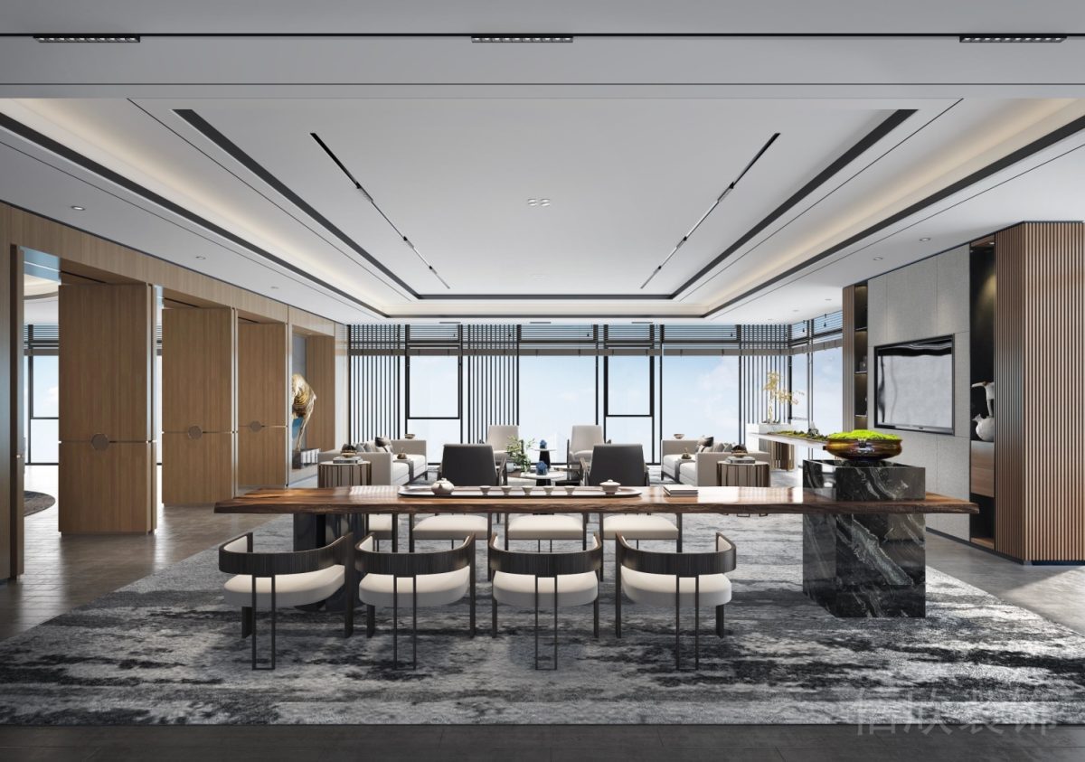 直線式中式風(fēng)辦公室裝修設(shè)計木飾面鏤空座椅效果偏軸門裝修