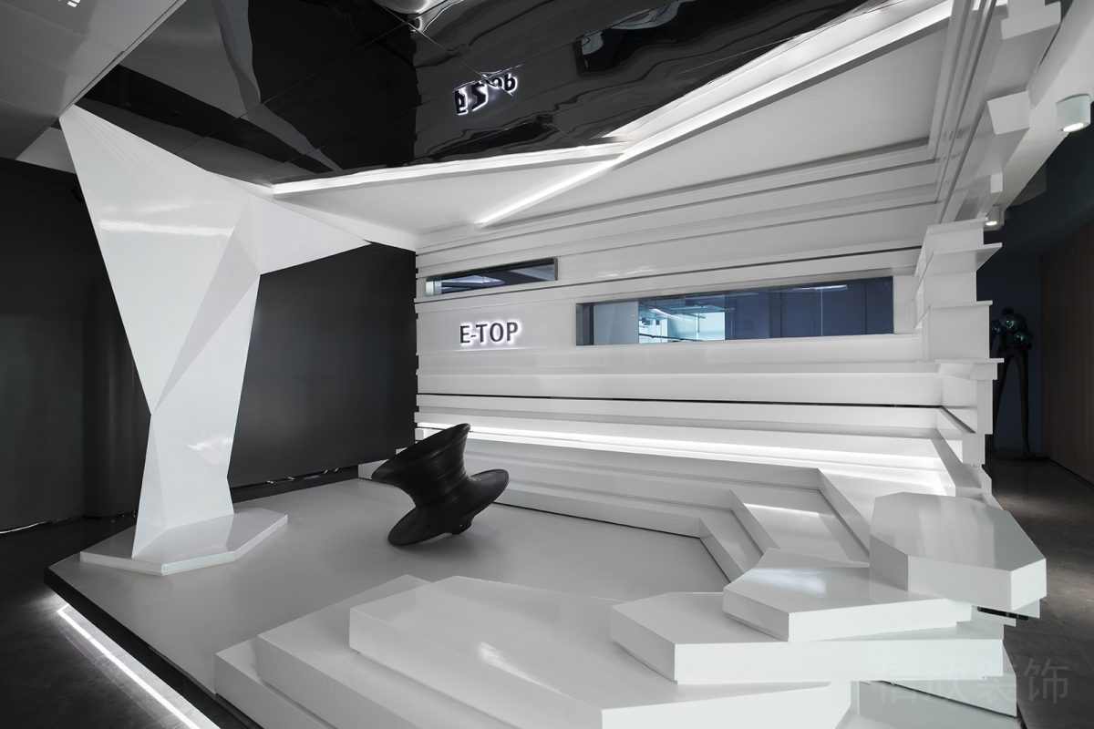 黑白色調(diào)辦公室裝修過道階梯式光面琺瑯材質(zhì)效果休息區(qū)設(shè)計(jì)圖