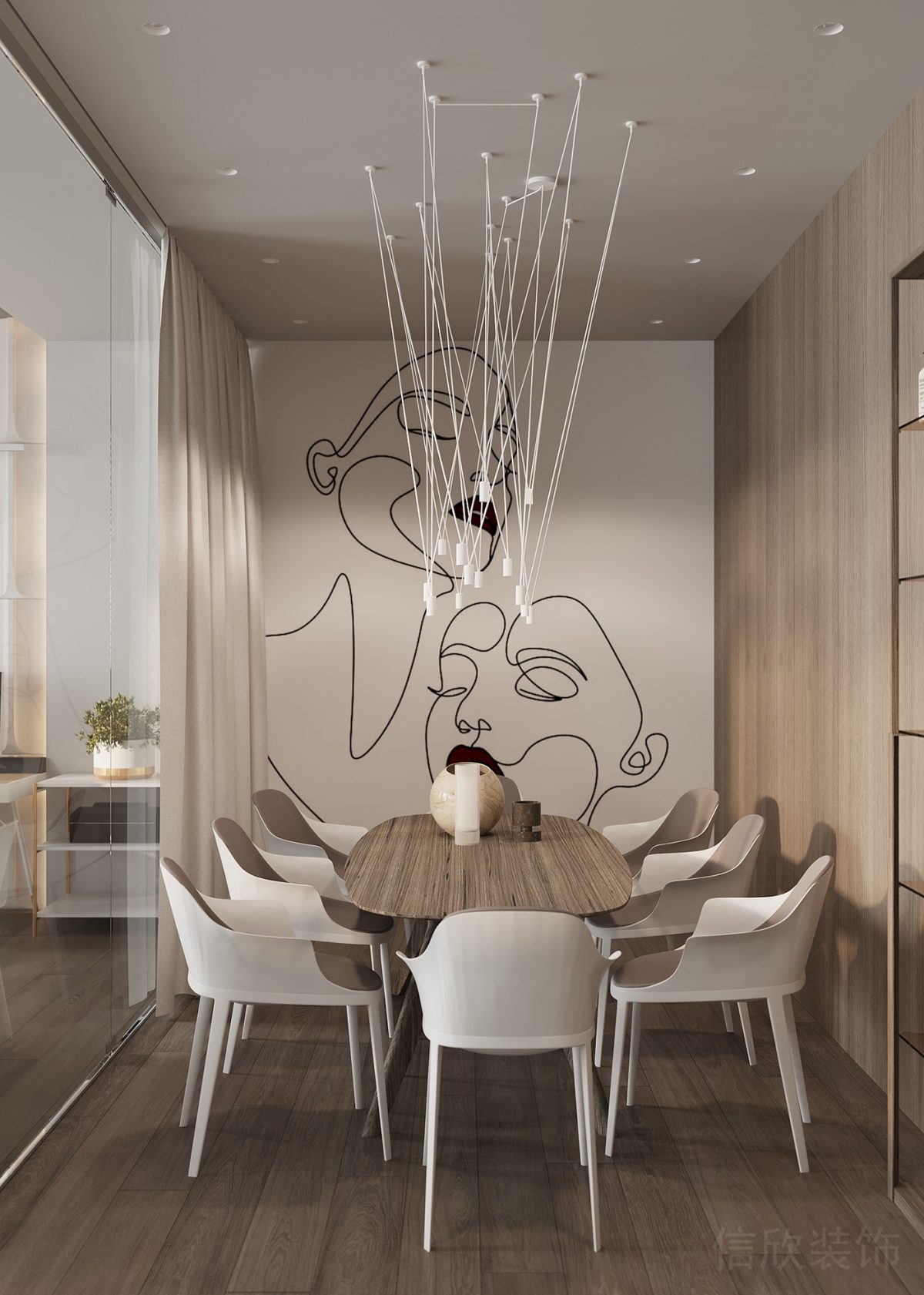 會(huì)議室裝修設(shè)計(jì)木質(zhì)工作桌圓角創(chuàng)意時(shí)尚天花燈飾裝修