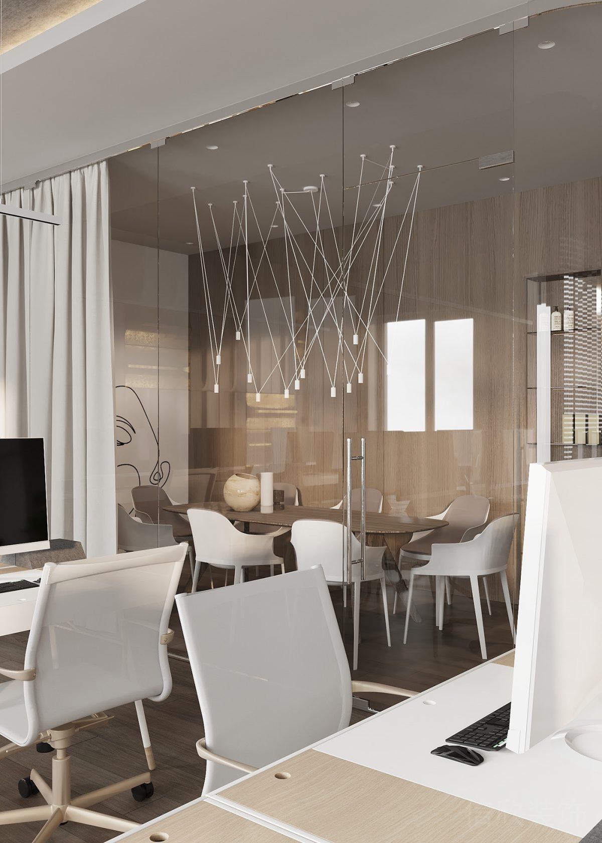 陶瓷白現(xiàn)代高級(jí)感藝術(shù)工位設(shè)計(jì)木質(zhì)環(huán)保元素效果辦公室裝修