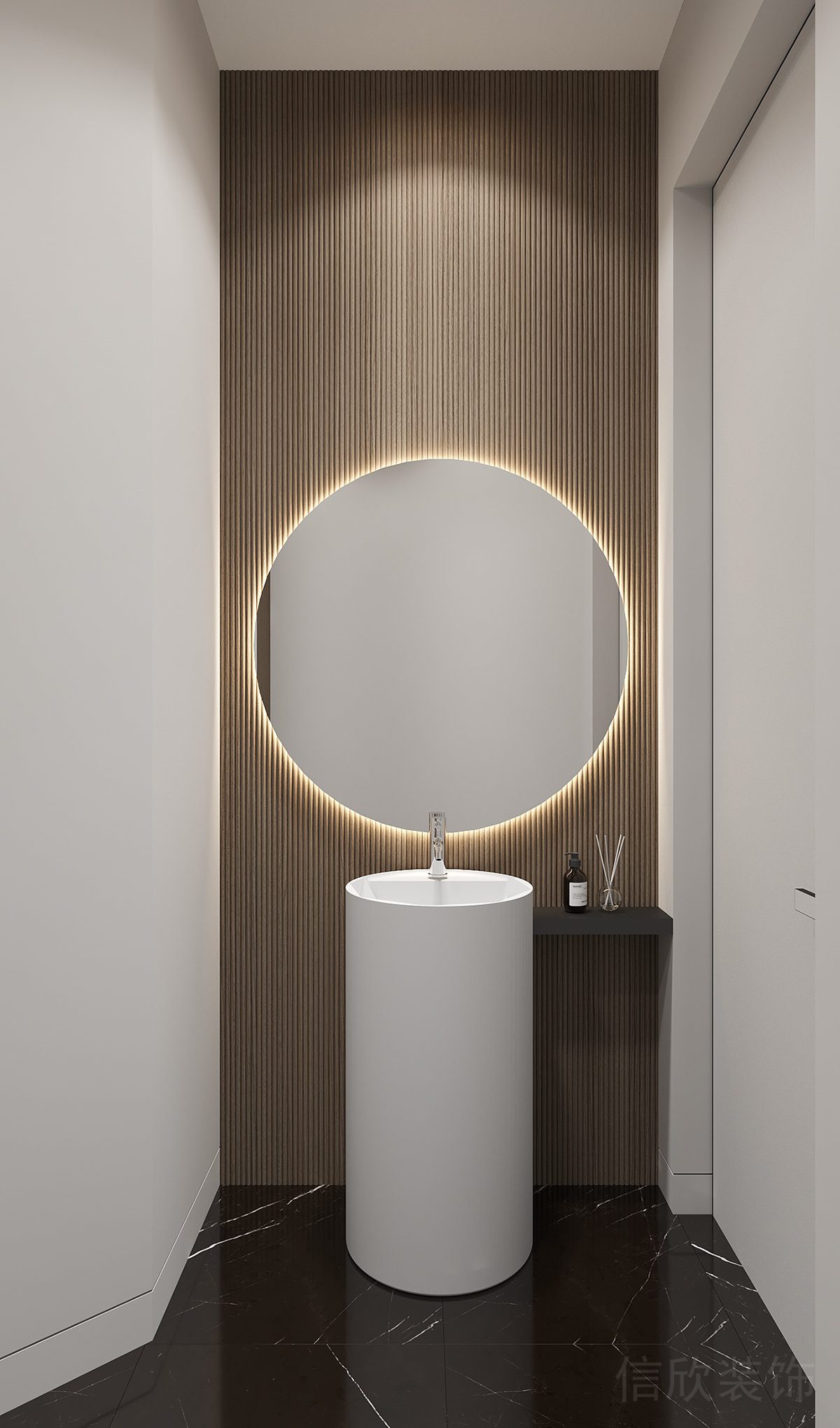 洗手間木質(zhì)鏤空墻體隔斷木飾面環(huán)保高端木材設(shè)計(jì)圓形洗手池現(xiàn)代簡(jiǎn)約風(fēng)辦公室裝修