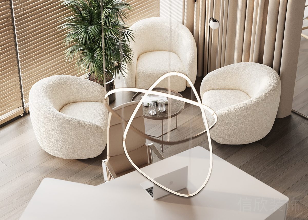 員工休息區(qū)客戶洽談區(qū)辦公室裝修奶油色白色休息區(qū)裝修圖工作室效果