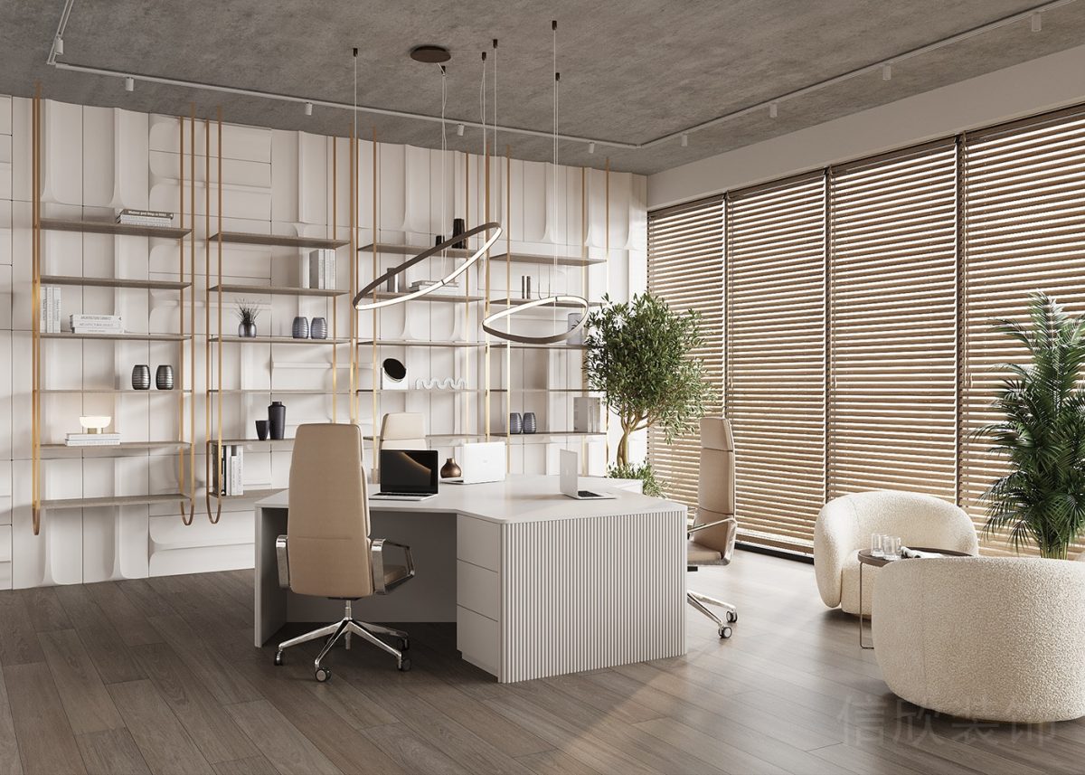 置物架收納墻柜設(shè)計(jì)白色工作桌裝修百葉窗設(shè)計(jì)天花吊頂辦公室休息區(qū)裝修圖