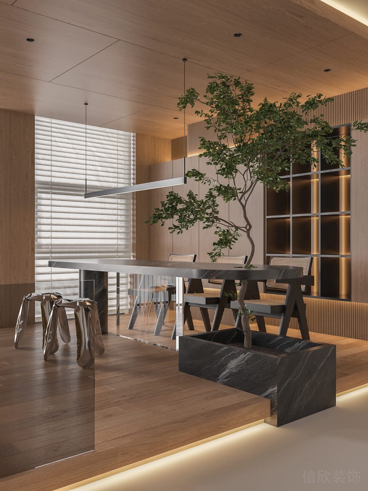 大理石微景觀辦公室裝修設(shè)計(jì)遮光黑色設(shè)計(jì)裝修地臺(tái)燈飾效果辦公室會(huì)議室裝修設(shè)計(jì)