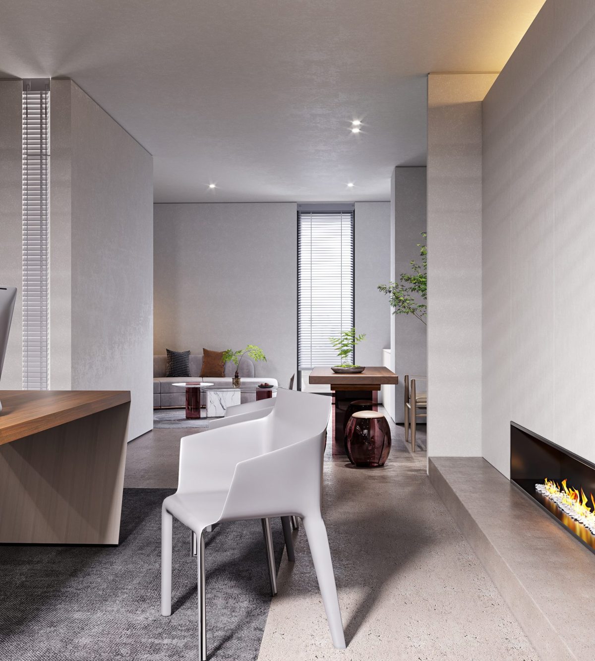 金屬座椅軟裝辦公室裝修設(shè)計(jì)效果木飾面工作桌裝修灰色調(diào)墻體效果全屋定制工作室裝修圖