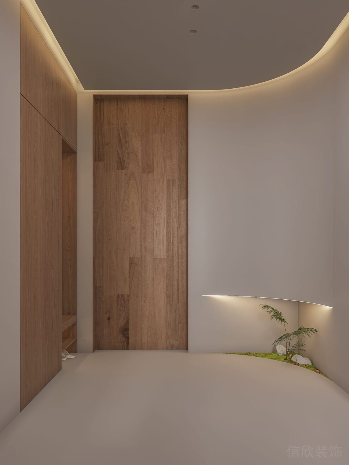 日式極簡(jiǎn)風(fēng)辦公室裝修設(shè)計(jì)弧線墻體效果木質(zhì)門效果微景觀拐角效果設(shè)計(jì)