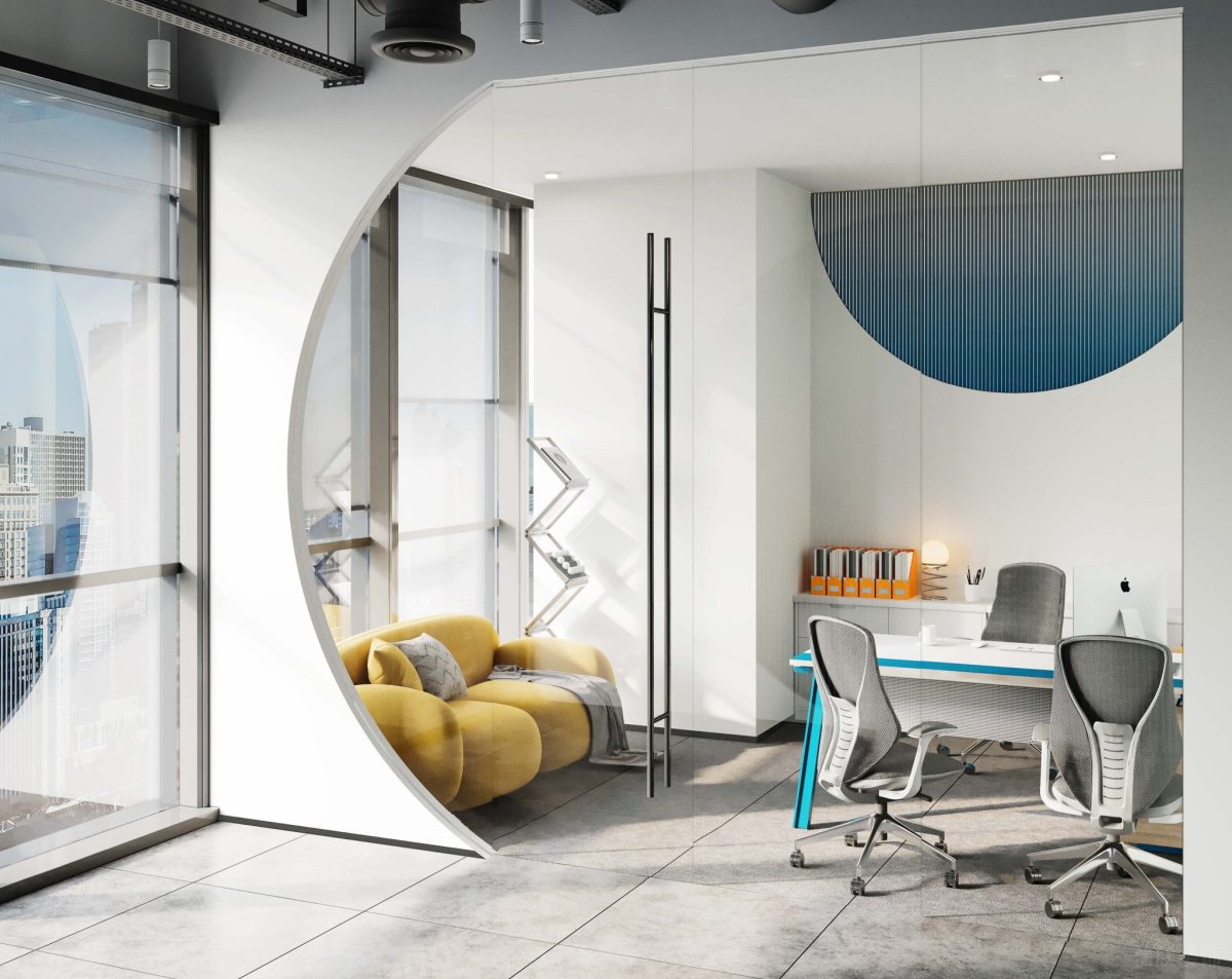 經理辦公室裝修弧形玻璃窗